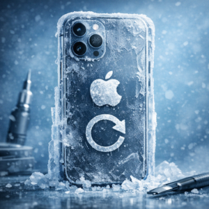 iPhone aufgehängt Reset funktioniert nicht - Modernes technisches Beitragsbild: ein eingefrorenes iPhone mit Apple-Logo und Reset-Symbol, dezenter blauer Hintergrund, klare Smartphone-Reparatur-Optik, professionell, minimalistisch, ohne Text
