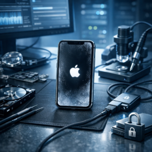 iPhone hängt? So lösen Sie das Problem und retten Ihre Daten - Modern professional data recovery scene: frozen iPhone with Apple logo on screen, technician workspace, subtle blue lighting, secure data protection concept, clean technology style, no text
