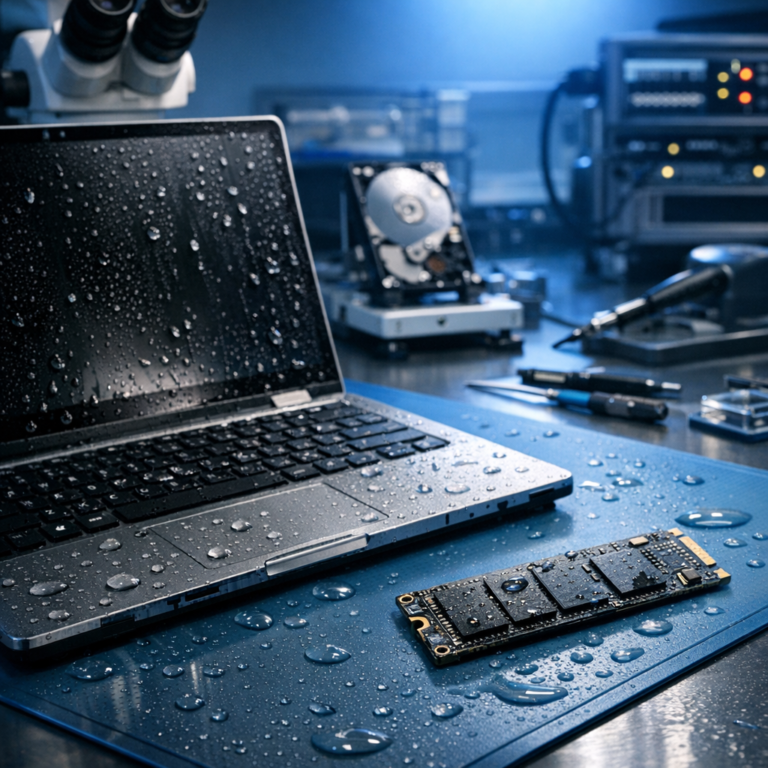 Is data recovery possible in the event of water damage? - Professional data recovery lab scene with a water-damaged laptop and SSD on an anti-static workbench, subtle water droplets, blue technical lighting, clean modern IT service style, no text