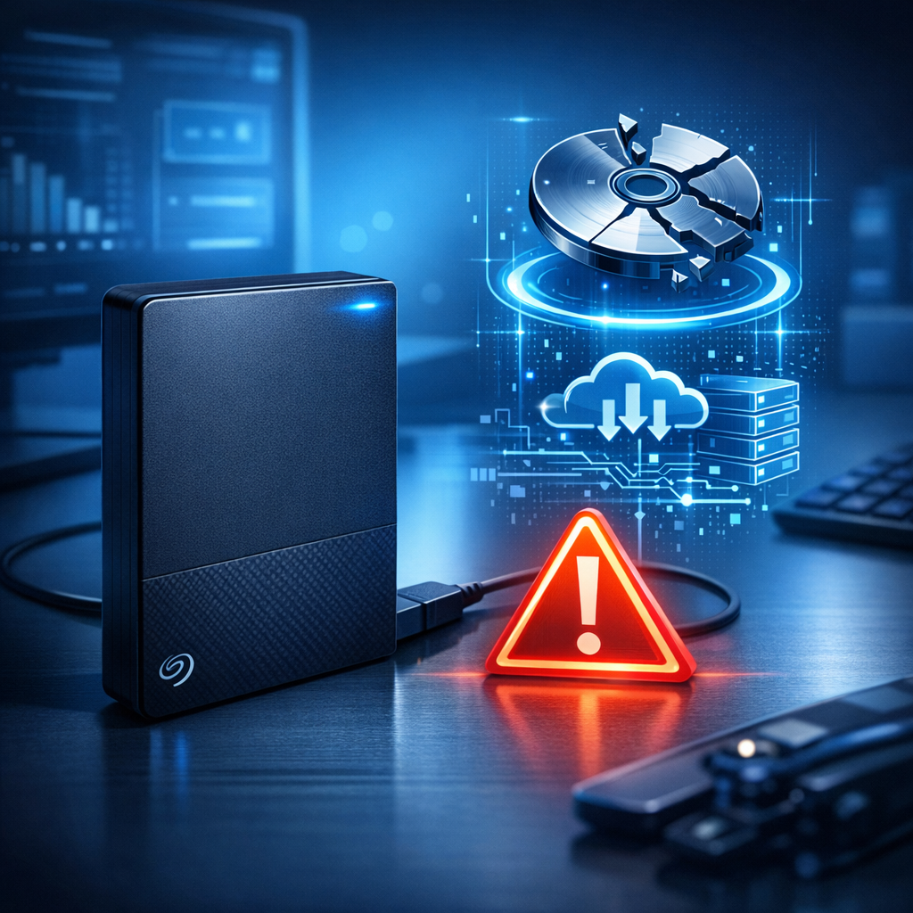 Kann ich Daten von einer Seagate-Festplatte retten, die nicht erkannt wird? - Moderne technische Illustration einer externen Seagate-Festplatte auf einem Schreibtisch, Warnsymbol und Datenrettungs-Konzept, blaues IT-Farbschema, clean, professionell, ohne Text