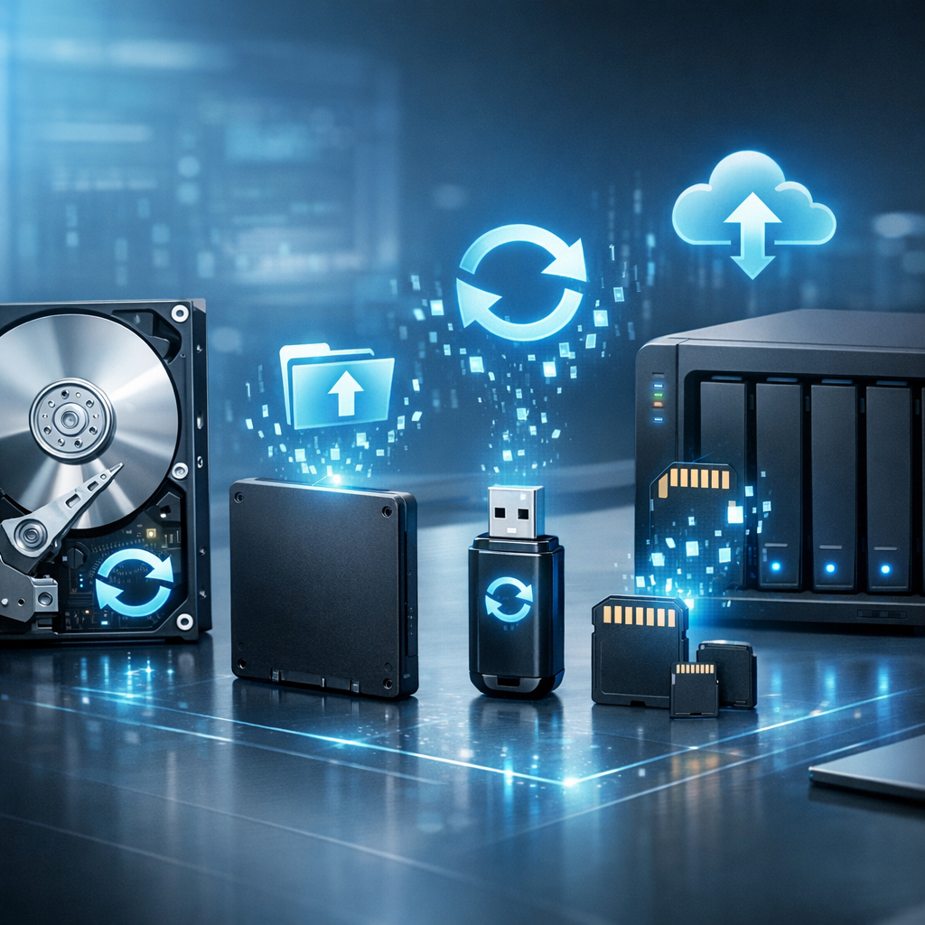 Kann man formatierte Daten retten? Diese Geräte und Modelle landen am häufigsten in der Datenrettung - Modern professional data recovery illustration: formatted hard drive, SSD, USB stick, memory card and NAS device on a clean tech desk, blue cybersecurity glow, recovery symbols, realistic 16:9, no text