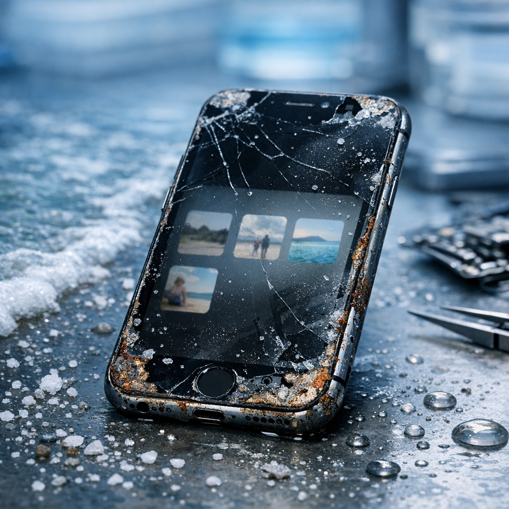 Kann man nach einem Salzwasserschaden iPhone Fotos retten? - Modern realistic editorial image: damaged iPhone near sea salt water, small water droplets, photo gallery icons subtly visible, professional data recovery lab atmosphere, clean blue-white lighting, no text, high quality
