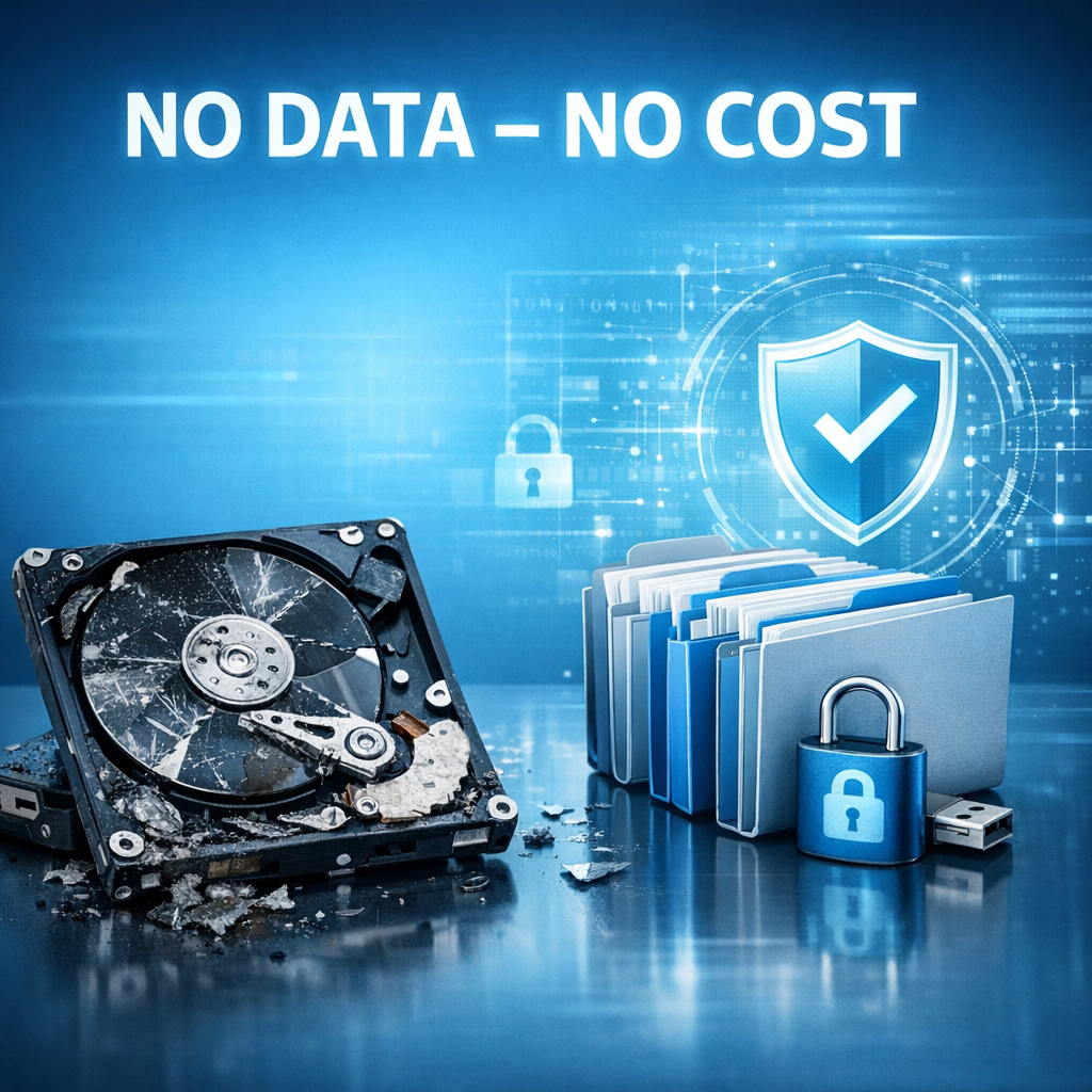 „Keine Daten – keine Kosten“-Modell – Datenrettung - Modern professional data recovery concept, damaged hard drive and secure recovered files, clean blue technology background, trust and transparency, no data no cost model, realistic business tech style