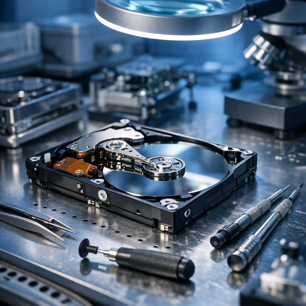 Lesekopf Festplatte reparieren Kosten - Modern professional data recovery laboratory scene with an opened hard drive HDD, delicate read/write head assembly, cleanroom tools, blue technical lighting, high quality editorial style, no text