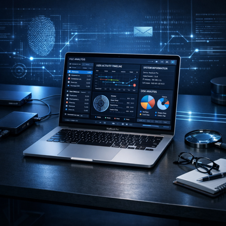 Mac-Forensik: Präzise Analyse und Sicherung digitaler Beweise - Professionelle Mac-Forensik Szene: moderner Apple-Laptop auf dunklem Schreibtisch, digitale Beweislinien, forensische Analyse-Dashboard-Elemente, Cybersecurity Atmosphäre, blaues Licht, clean, realistisch, hochwertig