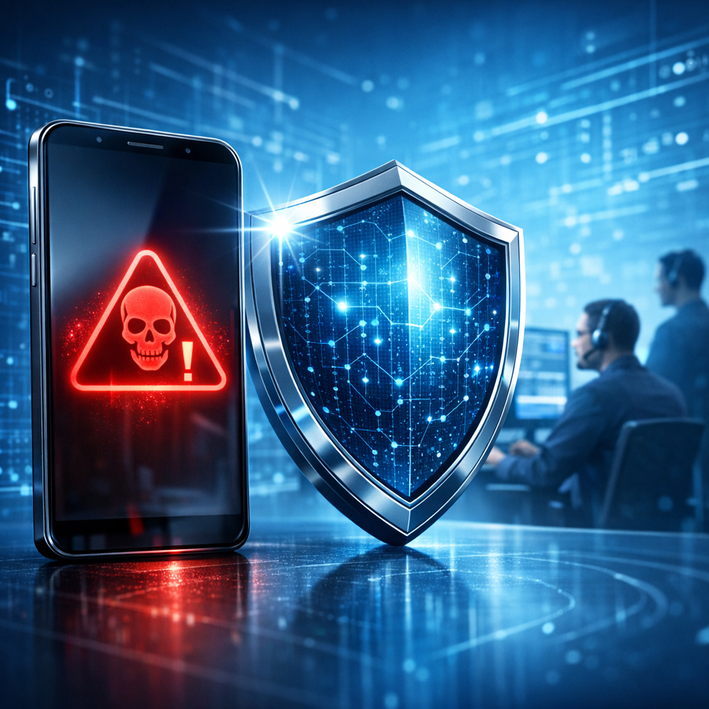 Malware auf dem Smartphone? So hilft myITplanet schnell und zuverlässig - Modern cybersecurity illustration: smartphone with red malware warning symbol, protective digital shield, clean blue technology background, professional IT support, no text, high quality, realistic 16:9