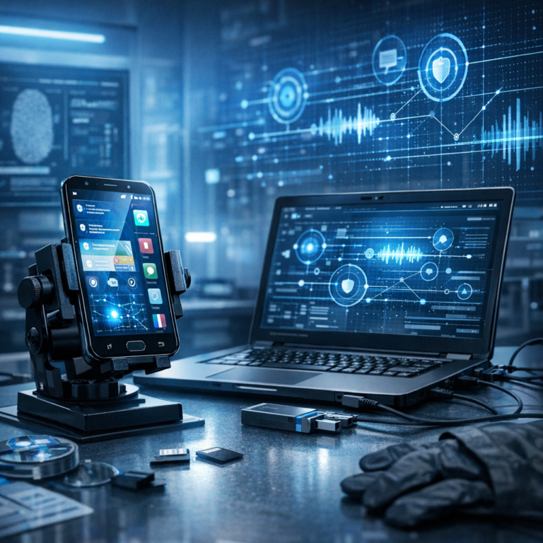 Mobile Forensik mit Magnet AXIOM und Cellebrite UFED - Modern digital forensics scene with smartphone evidence analysis, secure lab workstation, abstract data timelines, blue cyber security interface, professional clean technology style, no readable text