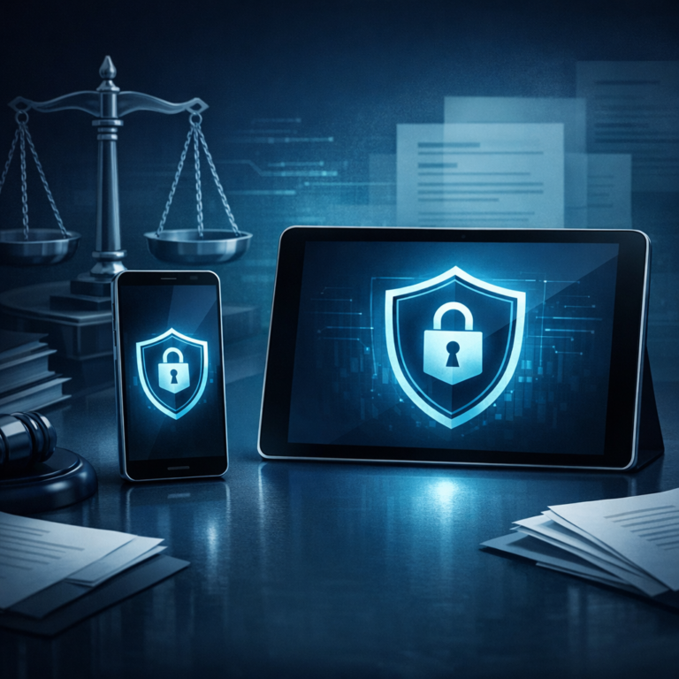 Mobile Geräte – ein potenzielles Minenfeld für Anwälte - Modern professional cybersecurity illustration for a law office: smartphone and tablet with lock shield icon, legal scales, subtle documents, dark blue and teal color palette, clean corporate style, no text