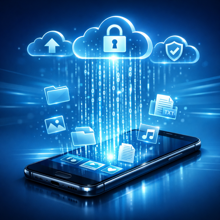 Mobile phones data recovery - Professional smartphone data recovery concept, modern mobile phone with glowing data streams, cloud backup icons, secure digital files, clean blue technology background, realistic 16:9 hero image