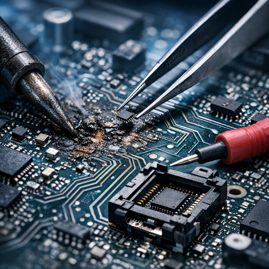 Motherboard Repair as a Last Resort for Data Recovery - Professional macro-style image of a damaged computer motherboard under repair for data recovery, visible circuit board traces, technician tools, subtle blue technology lighting, clean modern background, no text
