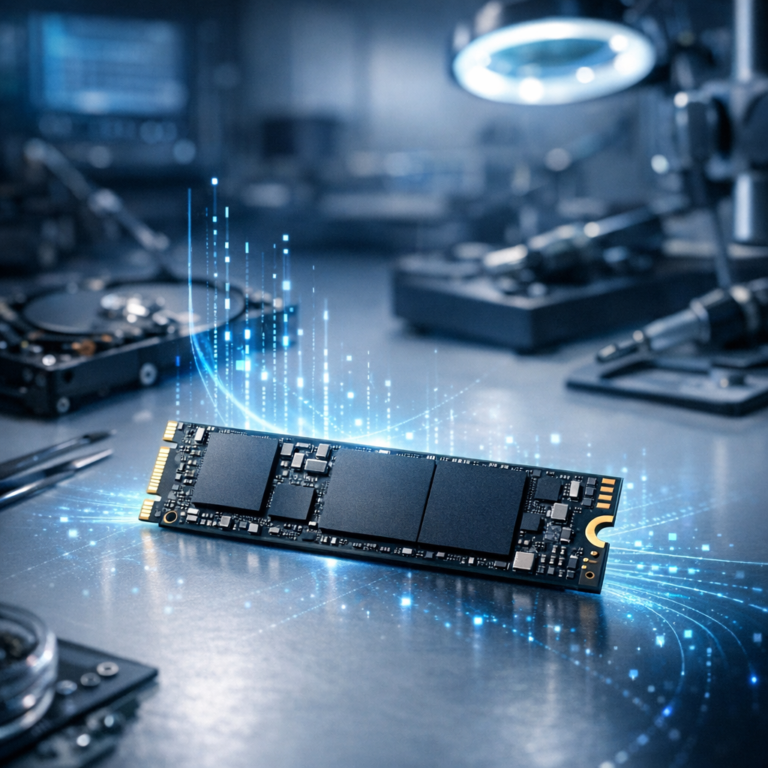 NVMe SSD Daten wiederherstellen - Modern professional data recovery scene with an NVMe SSD module on a clean workbench, subtle blue technology glow, digital data streams, high quality realistic style, no text