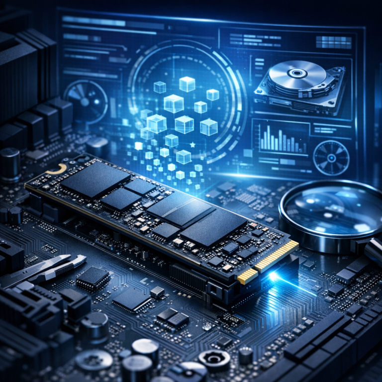 NVME SSD wird im BIOS nicht erkannt – Datenrettung? - Modern technical illustration of an NVMe M.2 SSD on a motherboard, BIOS/UEFI interface glow in the background, data recovery theme, professional clean blue lighting, high detail, no text