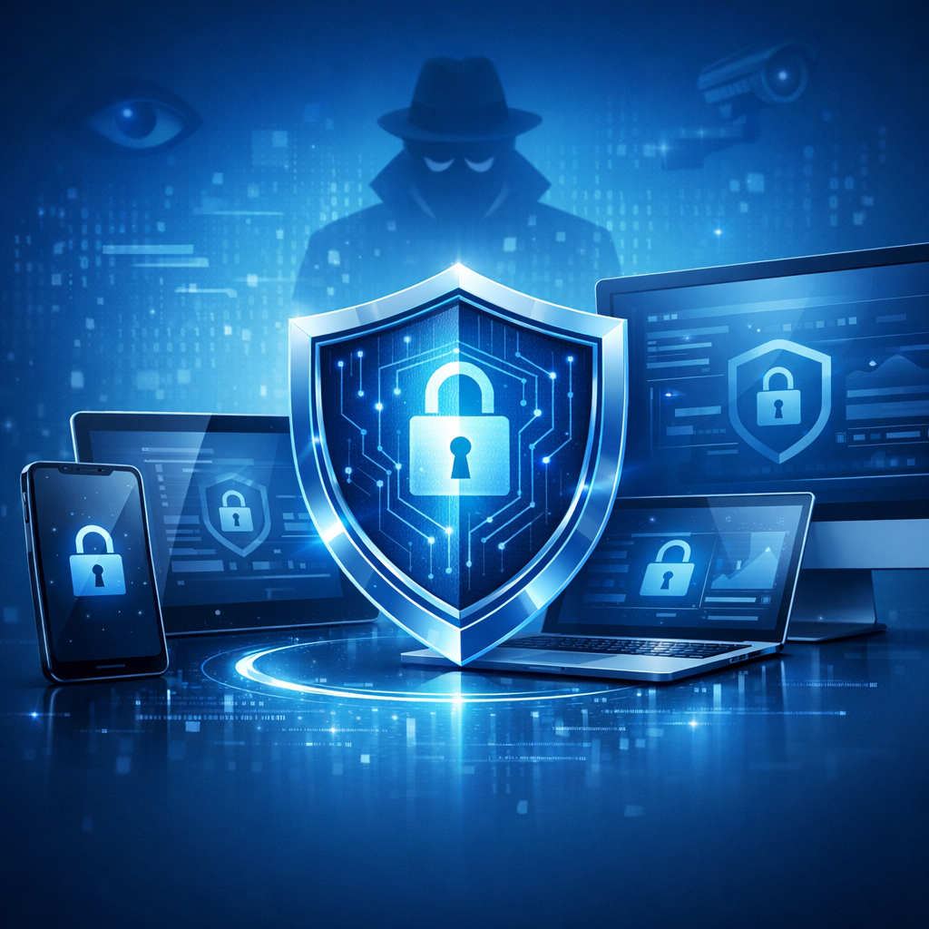 Professionelle Spionageprüfung für Handy, Tablet, MacBook und PC – zum fairen Festpreis. - Modern cybersecurity service illustration showing smartphone, tablet, laptop and desktop PC protected by a digital shield, subtle spy detection concept, professional clean blue color palette, trustworthy IT security atmosphere, no text