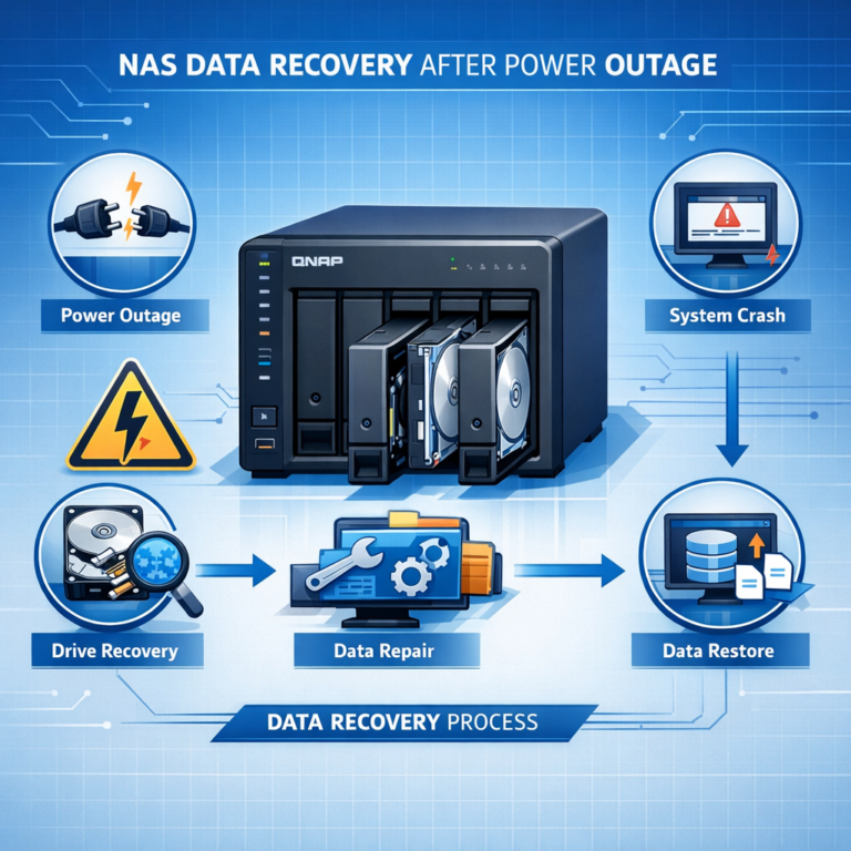 QNAP Datenrettung nach Stromausfall - Modern technical illustration of a QNAP NAS data recovery scenario after power outage, network storage device with hard drives, warning power icon, blue professional IT style, clean background
