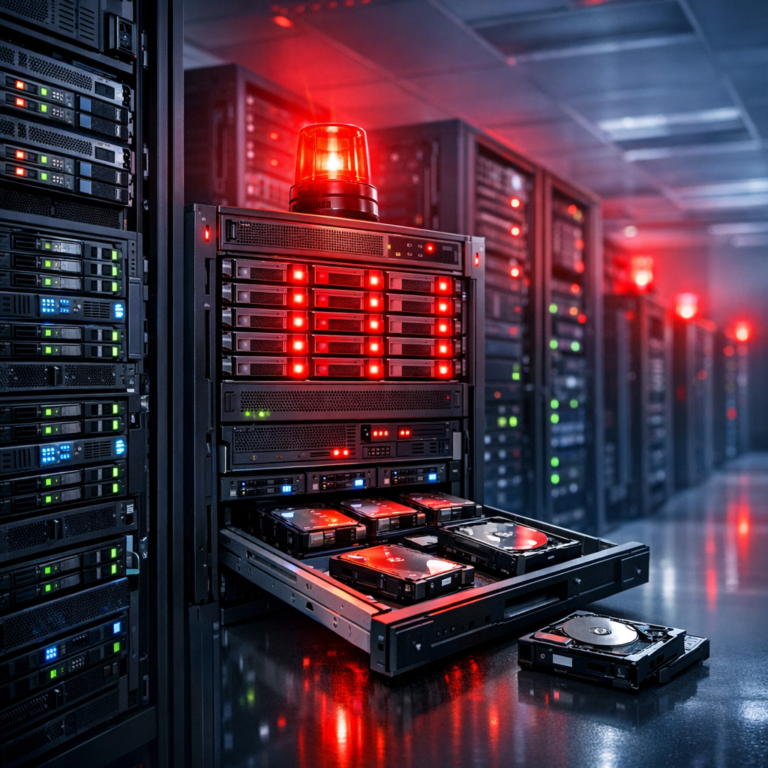 RAID-Ausfall im Unternehmen: Schnelle Hilfe bei Datenverlust - Modern business IT server room with RAID storage arrays, red warning alert lights, data recovery concept, professional clean technology style, no text