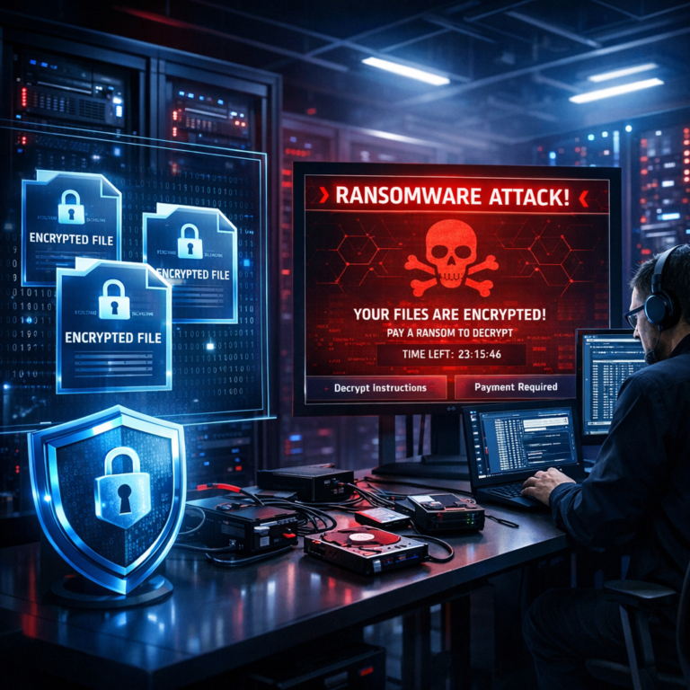 Ransomware Datenrettung & Entschlüsselung - Modern cybersecurity data recovery scene: encrypted files, shield lock icon, glowing server racks, ransomware warning interface, professional IT forensic recovery, dark blue and red high-tech style, clean corporate visual