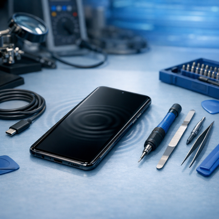 Samsung A52 Bildschirm schwarz aber vibriert - Modern realistic smartphone repair scene showing a Samsung Galaxy style phone with black screen on a clean desk, subtle vibration waves, USB-C cable, repair tools, blue tech background, professional blog header image, no text