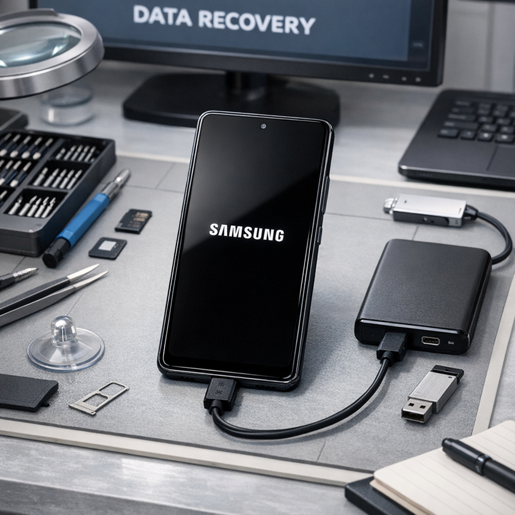 Samsung A52 Bootloop nach System Update: Ursachen, Lösungen & Datenrettung - Samsung Galaxy A52 smartphone stuck on Samsung logo bootloop after Android system update, repair desk, data recovery theme, clean modern tech style