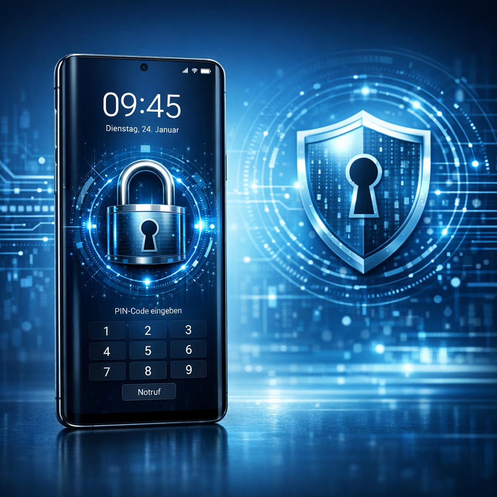 Samsung Bildschirm sperre umgehen - Modernes Samsung Smartphone mit sicherem Sperrbildschirm, digitales Schloss, blaue Technologie-Optik, Datenschutz und Smartphone-Sicherheit, clean professional website hero image