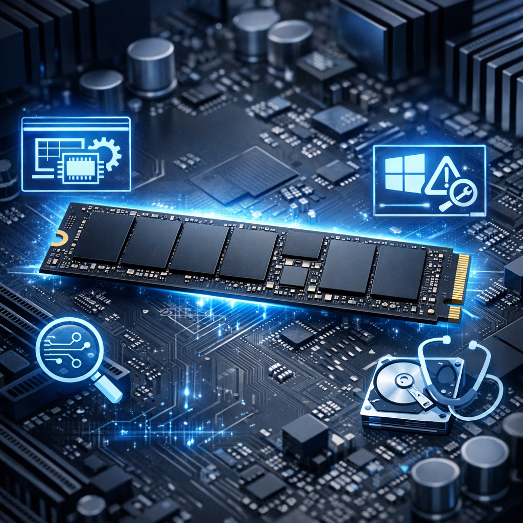 Samsung NVMe wird nicht erkannt - Modern technical illustration of a Samsung-style NVMe M.2 SSD on a motherboard, blue diagnostic glow, BIOS and Windows troubleshooting symbols, clean tech blog hero image, no text