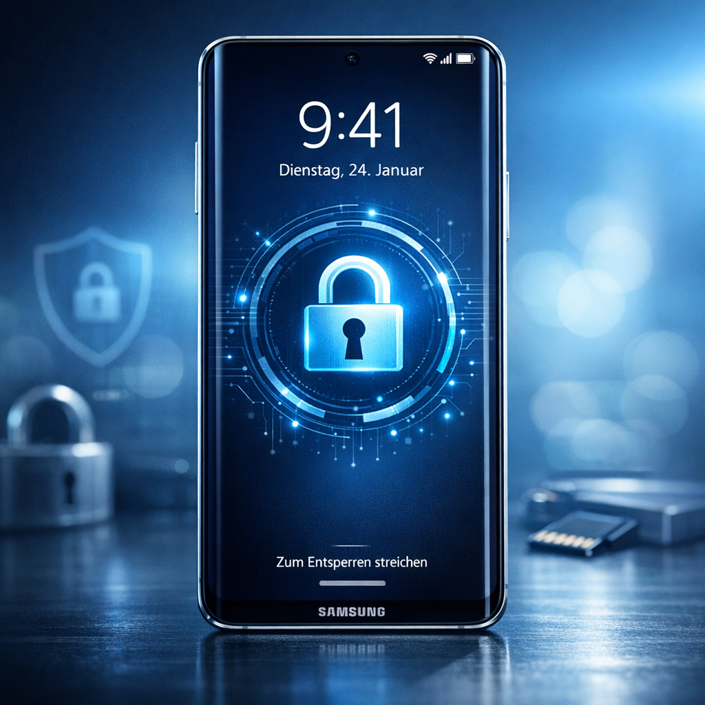Samsung Smartphone Sperrcode vergessen - Modernes Samsung Android Smartphone mit gesperrtem Bildschirm, Schloss-Symbol, Sicherheits- und Datenrettungs-Konzept, clean tech style, blaues Licht, professionelle Ratgeber-Optik