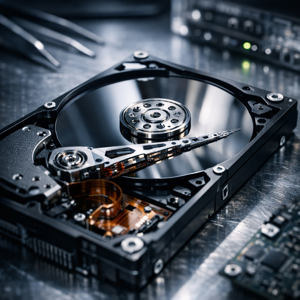 Seagate Barracuda 2TB summt nach Sturz – Head-Stuck - Realistic technical macro photo of an opened hard disk drive in a clean lab environment, Seagate Barracuda style 2TB HDD, dramatic but professional lighting, data recovery theme, no text, modern technology, shallow depth of field