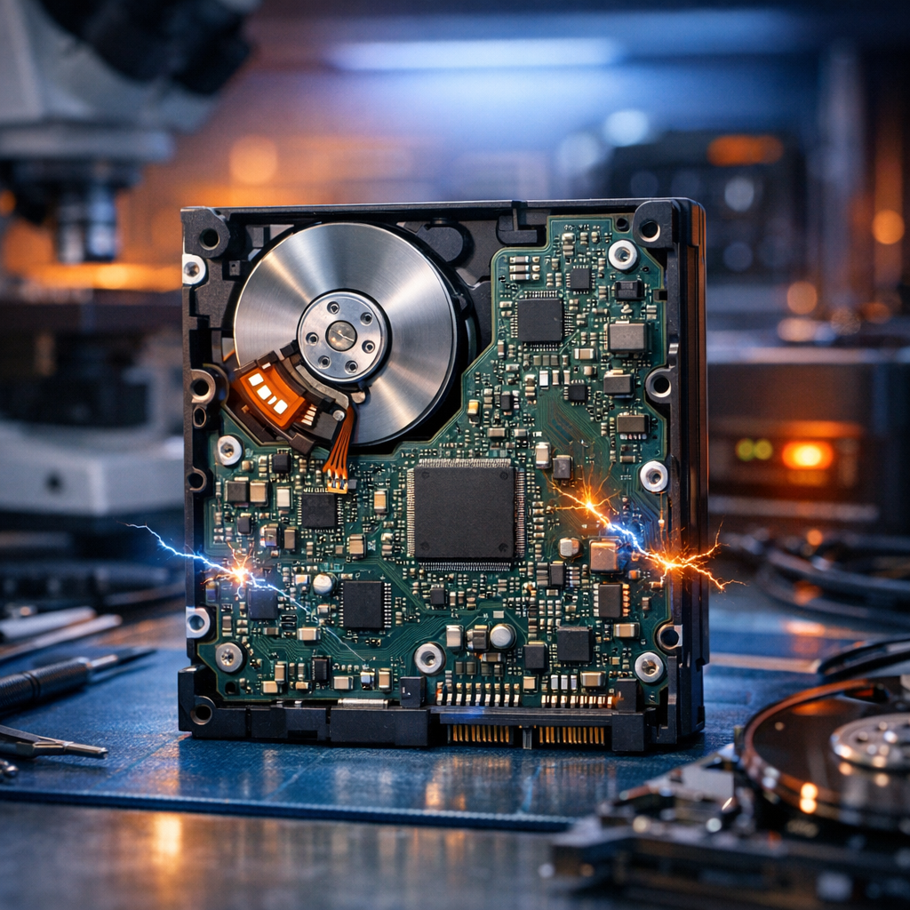 Seagate Desktop HDD 1TB ST1000DM003 – Überspannungsschäden selten per PCB lösbar - Professional technical illustration of a Seagate 3.5 inch desktop hard drive PCB with subtle electrical surge sparks, clean repair lab background, blue and orange lighting, data recovery theme, realistic, no text