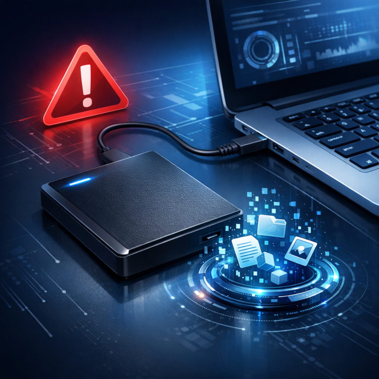 Seagate-Festplatte zeigt nur 3,86 GB: Ursachen, sichere Lösungen & Datenrettung - Modern technical illustration of an external Seagate hard drive connected to a laptop, warning symbol, data recovery concept, blue and dark tones, clean professional IT service style, no text