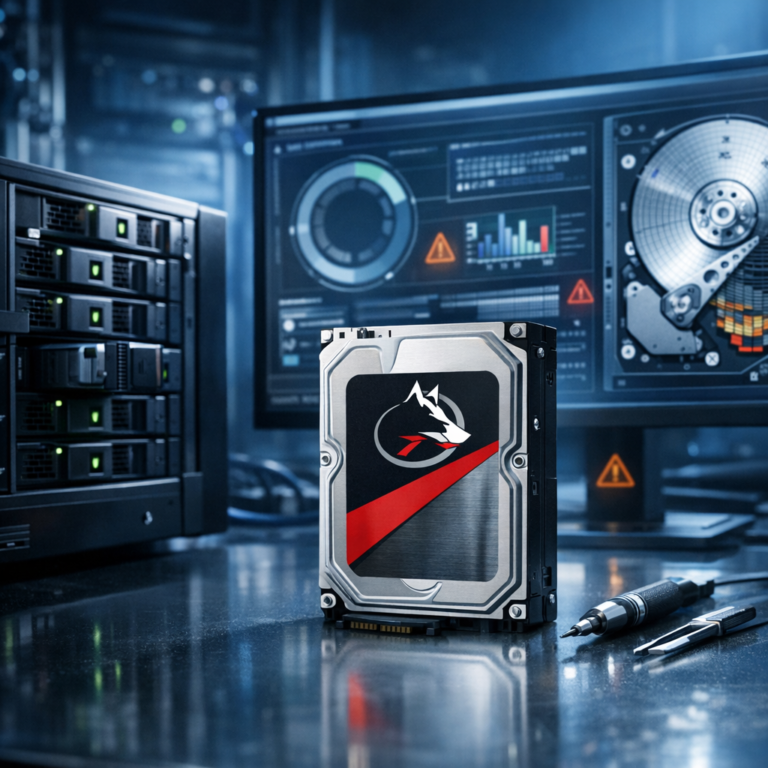 Seagate IronWolf NAS – häufig kombinierte Head-/Firmwaredefekte - Modern professional data recovery scene with Seagate IronWolf style NAS hard drive, server bay, diagnostic interface, subtle warning icons, clean blue technical lighting, realistic, no text