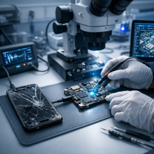 Smartphone Datenrettung — auch bei schwersten Schäden - Modern professional data recovery scene for a severely damaged smartphone: cracked phone, circuit board diagnostics, subtle blue technology glow, clean repair lab background, trustworthy IT service style, no text, realistic high-quality image