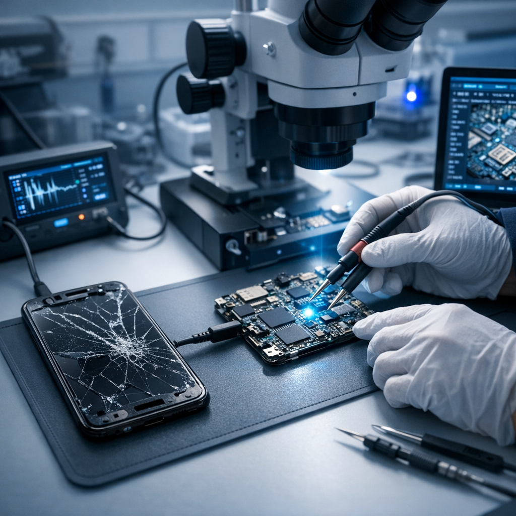 Smartphone Datenrettung — auch bei schwersten Schäden - Modern professional data recovery scene for a severely damaged smartphone: cracked phone, circuit board diagnostics, subtle blue technology glow, clean repair lab background, trustworthy IT service style, no text, realistic high-quality image