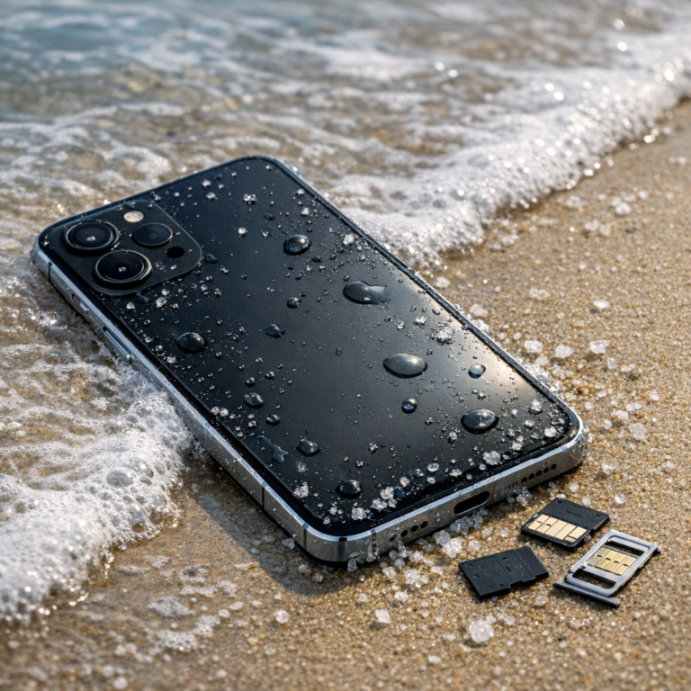 Smartphone ins Meer gefallen – Daten retten nach Salzwasserschaden - Realistic smartphone partially wet with seawater on a beach, subtle salt crystals, professional data recovery theme, clean modern tech style, no text