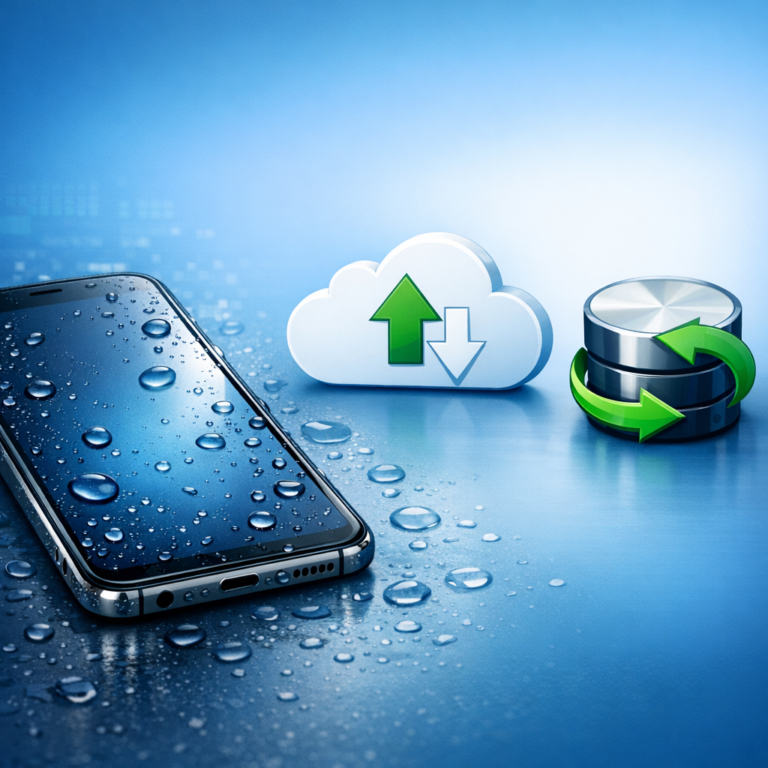 Smartphone ins Wasser gefallen? So retten Sie Ihre Daten - Modern realistic illustration of a wet smartphone with water droplets beside cloud backup and data recovery icons, clean blue technology background, professional blog header image