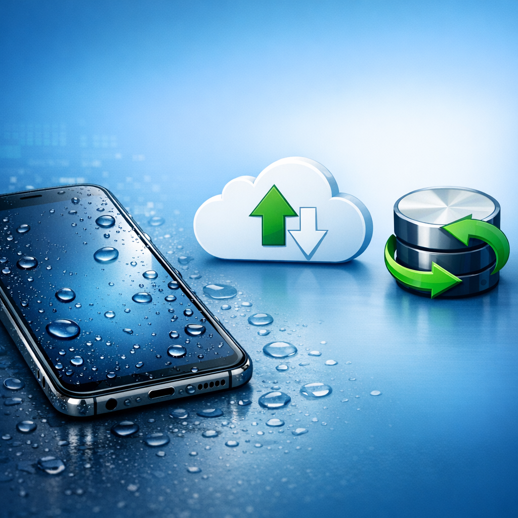Smartphone ins Wasser gefallen? So retten Sie Ihre Daten - Modern realistic illustration of a wet smartphone with water droplets beside cloud backup and data recovery icons, clean blue technology background, professional blog header image