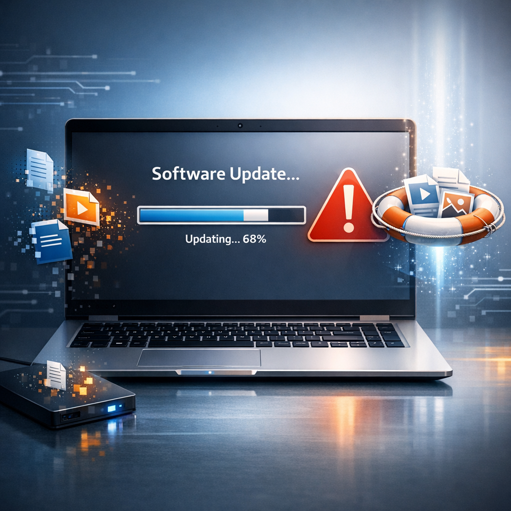 Software-Update und Datenverlust - Modernes professionelles Headerbild zum Thema Software-Update und Datenverlust: Business-Notebook mit Update-Fortschritt, Warnsymbol, digitale Dateien, dezente Datenrettungs-Visualisierung, blaue und orange Akzente, seriös, clean, tech editorial style