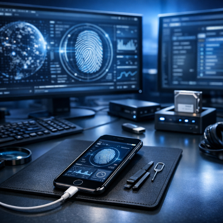 Spezialisiert auf Digitale Forensik für iPhones - Professional digital forensics scene focused on an iPhone, cybersecurity analyst workstation, secure data analysis, blue technology background, clean modern corporate style, no readable text