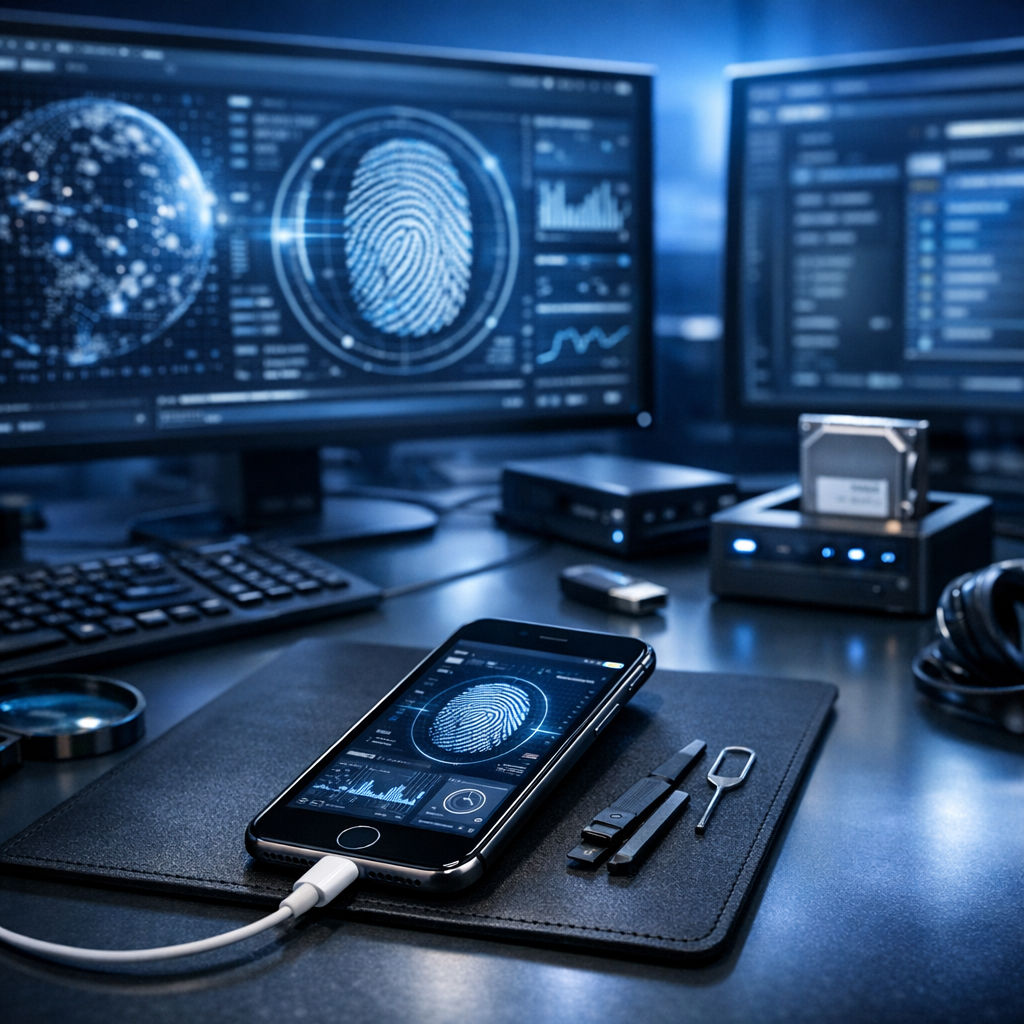 Spezialisiert auf Digitale Forensik für iPhones - Professional digital forensics scene focused on an iPhone, cybersecurity analyst workstation, secure data analysis, blue technology background, clean modern corporate style, no readable text