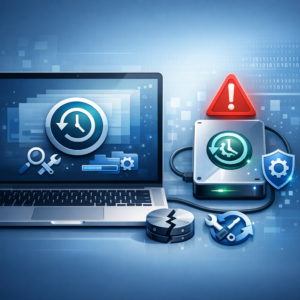 Time Machine Backup defekt - Modern clean technical illustration of a Mac laptop with Time Machine backup drive showing warning symbol, data recovery and backup repair concept, blue and silver color palette, professional IT blog hero image, no text