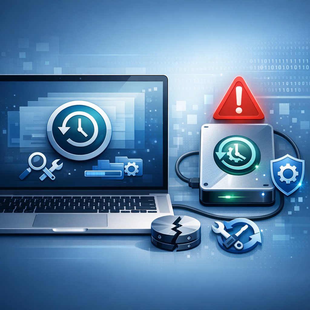 Time Machine Backup defekt - Modern clean technical illustration of a Mac laptop with Time Machine backup drive showing warning symbol, data recovery and backup repair concept, blue and silver color palette, professional IT blog hero image, no text