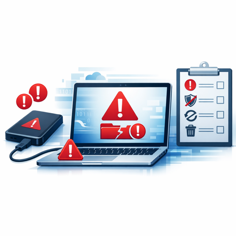 Top 5 Fehler bei Datenverlust – was Sie unbedingt vermeiden sollten - Professional data loss warning illustration, laptop and external hard drive with red warning icons, checklist of mistakes, clean modern tech style, blue and red accents, no text