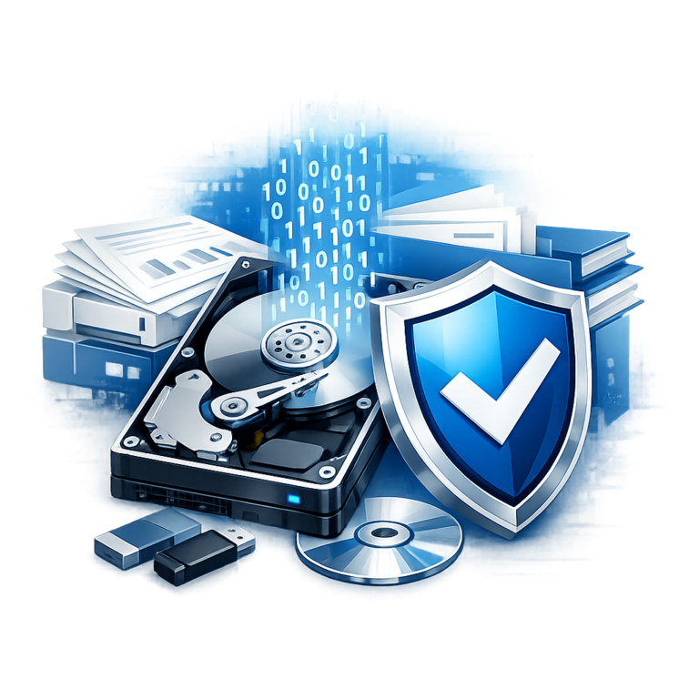 Übernimmt die Haftpflichtversicherung die Kosten für die Datenrettung? - Modern professional illustration for a German article about liability insurance covering data recovery costs: shield icon, hard drive, documents, blue and white clean business style, trustworthy technology and insurance theme, no text