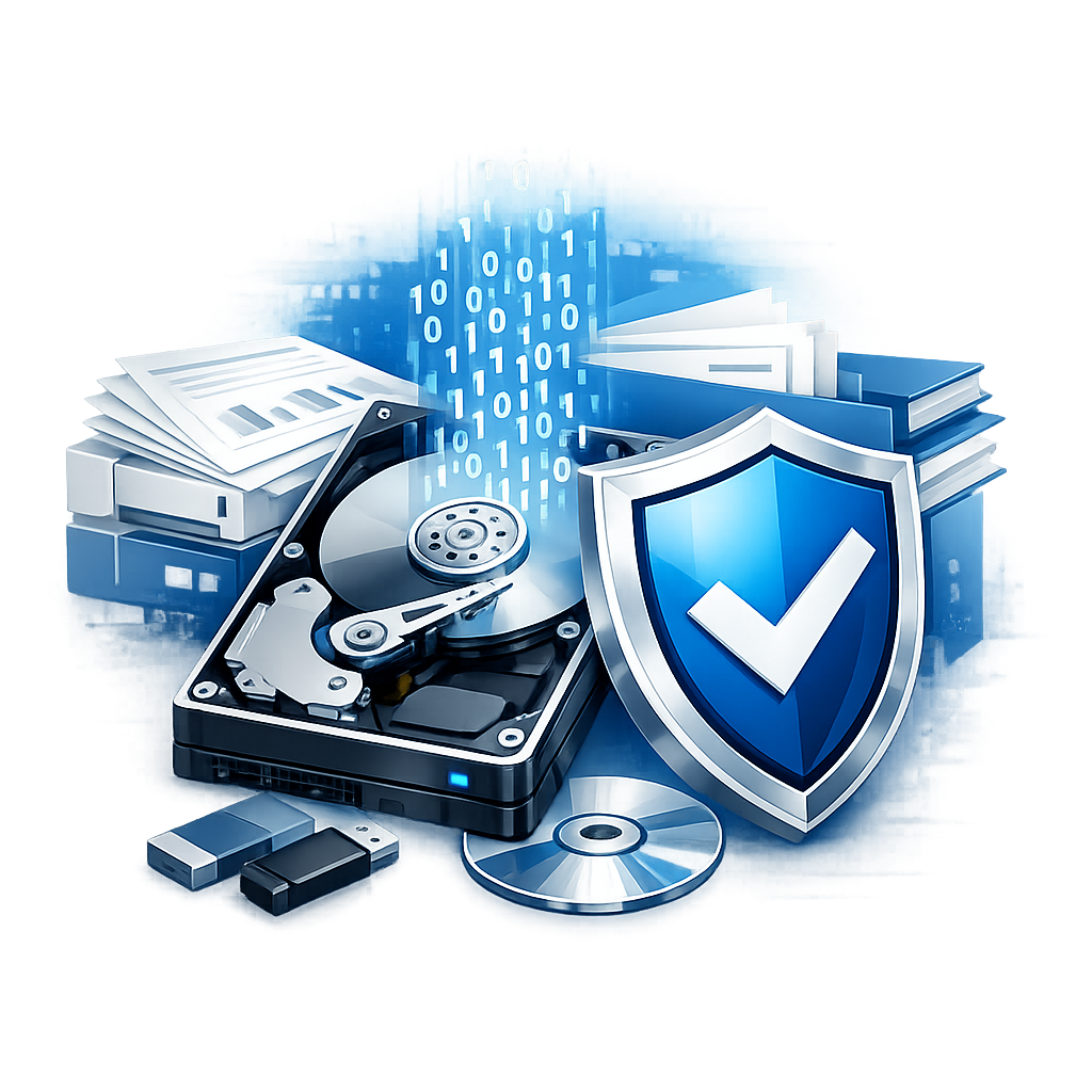 Übernimmt die Haftpflichtversicherung die Kosten für die Datenrettung? - Modern professional illustration for a German article about liability insurance covering data recovery costs: shield icon, hard drive, documents, blue and white clean business style, trustworthy technology and insurance theme, no text