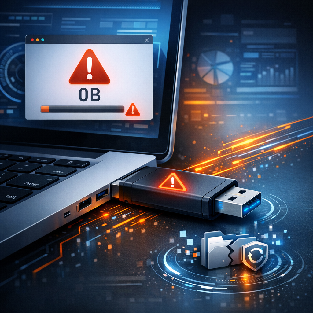 USB Stick zeigt 0 Byte - Modern technical illustration of a USB flash drive connected to a laptop showing 0 bytes warning, data recovery theme, blue and orange accents, clean professional IT support style, no text