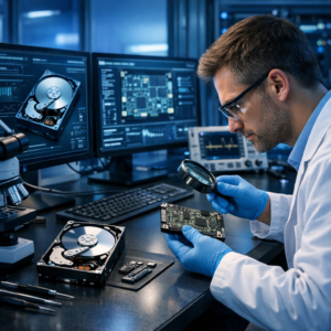 Warum dauert eine professionelle Datenrettung oft mehrere Tage oder Wochen? - Professionelle Datenrettung im Labor: Techniker analysiert geöffnete Festplatte und SSD an moderner Workstation, blaue technische Beleuchtung, seriös, clean, high-tech, keine Texte im Bild
