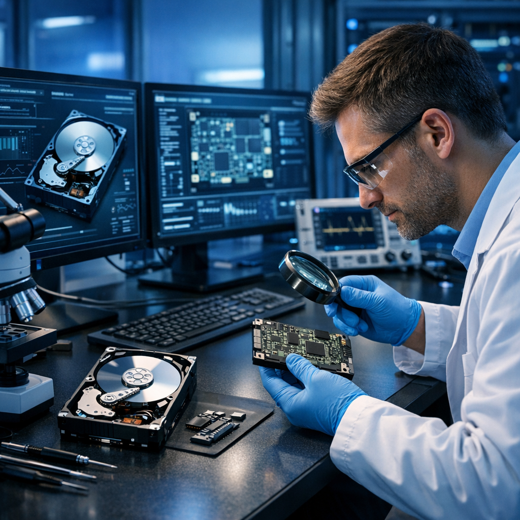 Warum dauert eine professionelle Datenrettung oft mehrere Tage oder Wochen? - Professionelle Datenrettung im Labor: Techniker analysiert geöffnete Festplatte und SSD an moderner Workstation, blaue technische Beleuchtung, seriös, clean, high-tech, keine Texte im Bild