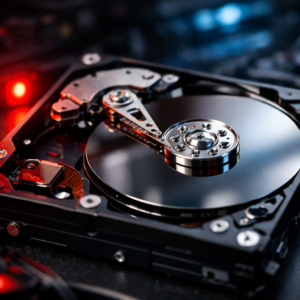 Warum klickt und klackert meine Festplatte - Realistic modern close-up of an opened hard disk drive with metallic platters, diagnostic warning light, subtle red and blue tech background, professional data recovery concept, no text