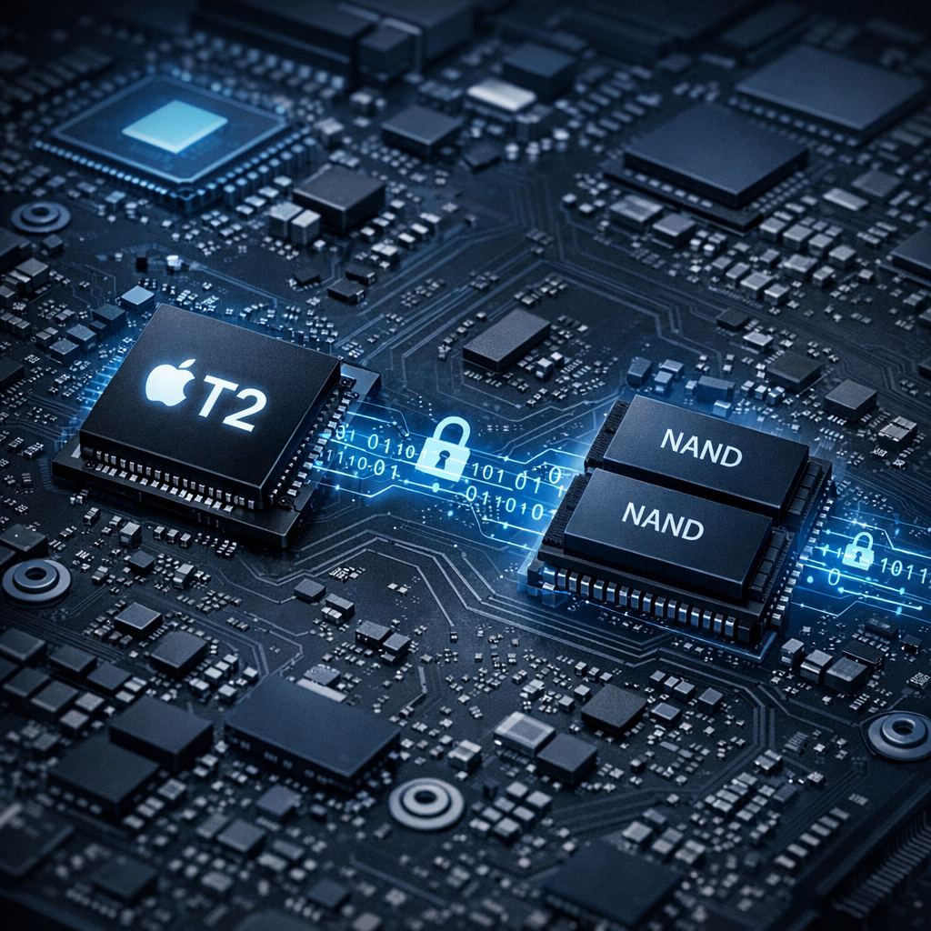 Warum NAND-Transfer bei T2-Macs so schwierig ist - Modern technical illustration of an Apple Mac logic board with T2 security chip and NAND memory, encrypted data flow, blue dark high-tech style, clean professional blog header, no text