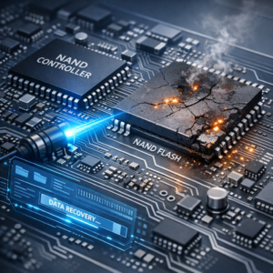 Was passiert bei einem Defekt der Flash-Speicherchips oder des Controllers? - Modern technical illustration of a damaged NAND flash memory chip and controller on a circuit board, blue diagnostic light, data recovery theme, clean professional style