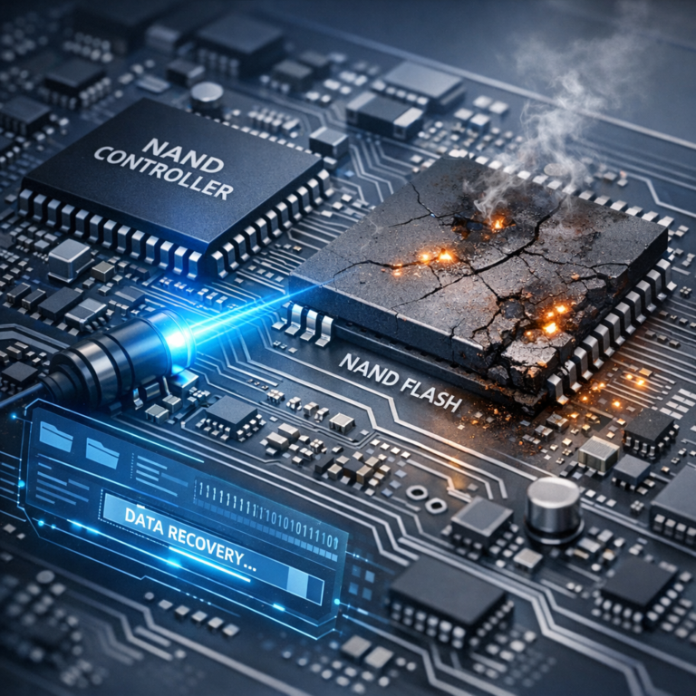 Was passiert bei einem Defekt der Flash-Speicherchips oder des Controllers? - Modern technical illustration of a damaged NAND flash memory chip and controller on a circuit board, blue diagnostic light, data recovery theme, clean professional style