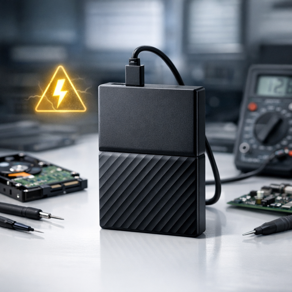 WD schaltet sich nicht mehr ein. Überspannung - Realistic technical image of an external Western Digital style hard drive on a clean desk with subtle lightning/electrical surge warning symbol, data recovery and electronics diagnostic atmosphere, modern professional IT service look, no text, no logos